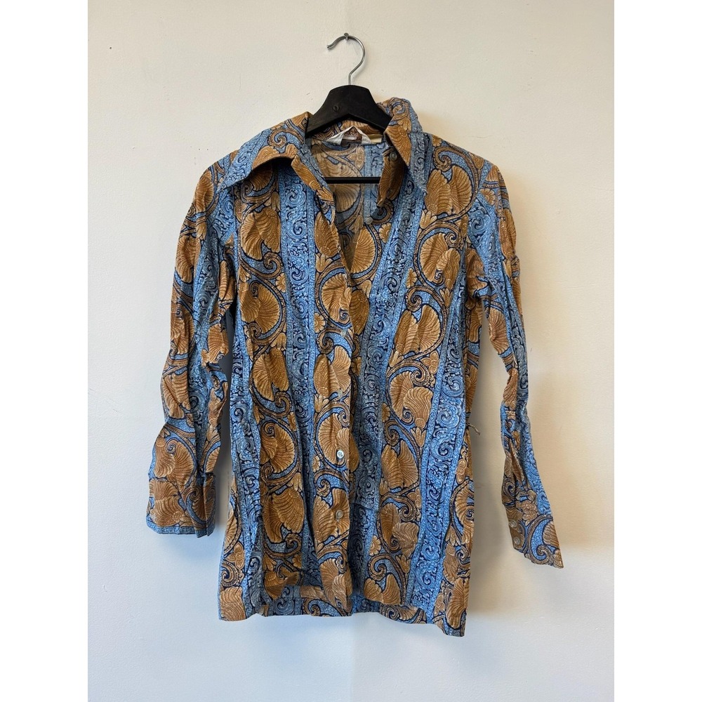 Vintage Montgomery‎ Ward Shirt Mens XS Blue Brown Paisley Button Up 70s